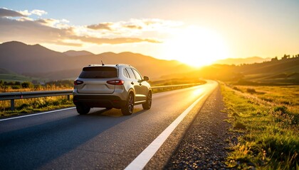 A large SUV travels down a scenic highway during a vibrant sunrise, bathed in golden sunlight.