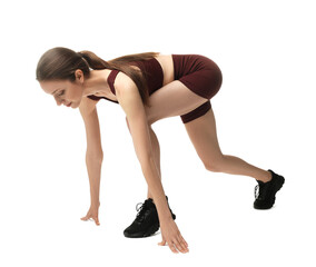 Runner in starting position on white background