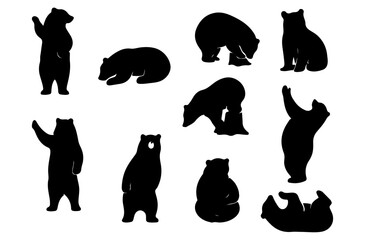 Bear silhouettes vector set, standing, sitting, and sleeping bear poses, isolated wild animal collection