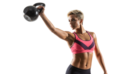 Muscular Woman Lifting Black Kettlebell Fitness Workout Isolated.