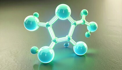 Molecular, 3D molecular structure with blue spheres and transparent connections on a reflective surface.