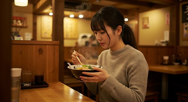 Person eating a bowl of ramen at a small noodle shop - Powered by Adobe