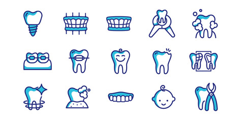 Comprehensive dental icon set - implants, braces, X-rays and pediatric dentistry. Modern flat vector designs for clinics, medical apps and dental healthcare presentations