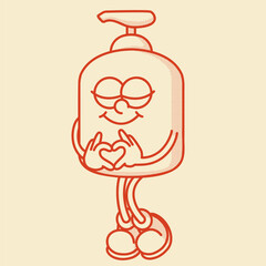 Retro mascot bottle. Refillable cosmetic pump bottle for lotion, serum, soap. Eco-friendly recyclable plastic, minimalist spa aesthetic