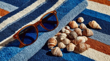 Blue Sunglasses Resting on Striped Beach Towel with Shells