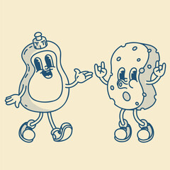 Pump bottle with sponge set. Shower gel or dish soap. Refillable eco-friendly design, bathroom and kitchen organizer retro mascot