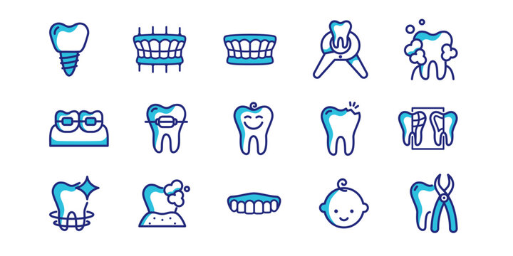 Comprehensive dental icon set - implants, braces, X-rays and pediatric dentistry. Modern flat vector designs for clinics, medical apps and dental healthcare presentations