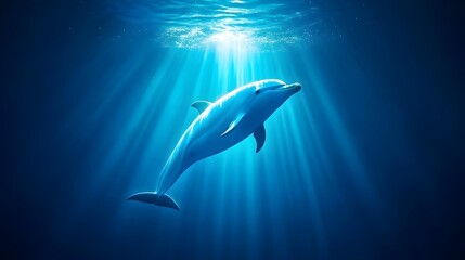 Fototapeta premium Dolphin swimming ocean sun rays deep sea marine life