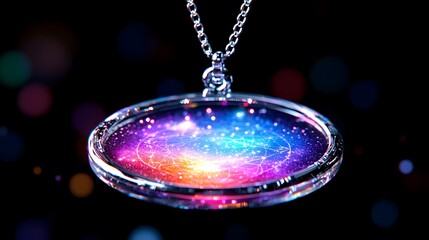 Galaxy pendant necklace, bokeh background, cosmic jewelry, advertising