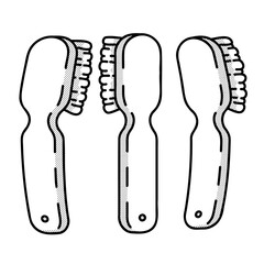 Set of playful toothbrushes in dynamic line art style with stippling shadows. Hand drawn black contour sketches for dental branding