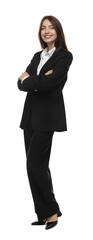 Happy woman in suit on white background