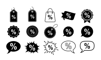 Black and White Percentage Signs: Discount, Sale, and Promotion Icons. A versatile set of black and white percentage icons for sales, discounts, and promotions.