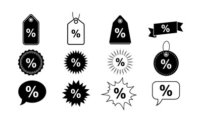 Black and White Percentage Signs: Discount, Sale, and Promotion Icons. A versatile set of black and white percentage icons for sales, discounts, and promotions.
