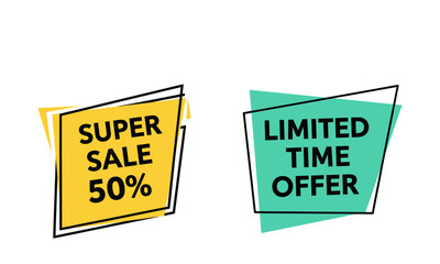 Modern Geometric Sale and Offer Banners: Super Sale & Limited Time. Stylish yellow "Super Sale 50%" and teal "Limited Time Offer" geometric banners for promotions.
