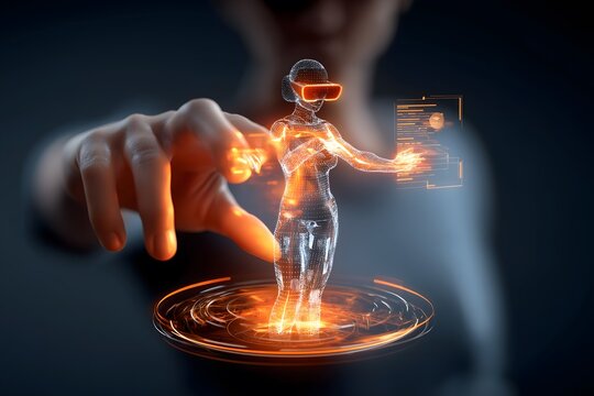 Reskill concept: AI-powered reskill training, virtual tutor hologram.