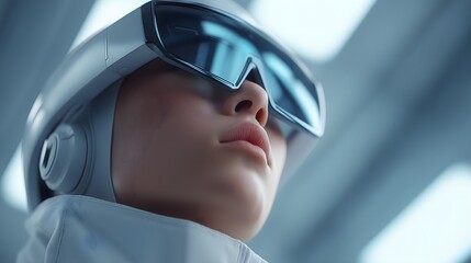 Reskill concept: AR glasses training for reskillers, immersive futuristic setup.