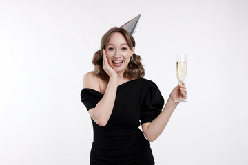 Birthday celebration. Woman with glass of sparkling wine on white background
