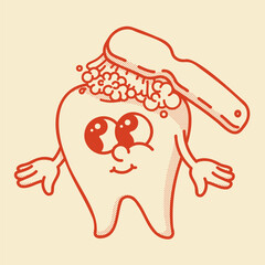 Cheerful retro tooth mascot getting brushed with foamy toothpaste. Vintage dental care illustration for clinics and oral hygiene brands