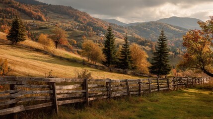 Fototapeta premium Autumnal Mountain Landscape with Wooden Fence