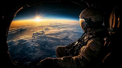 Astronaut views sunrise from above Earth.  Sunrise, earth, clouds, astronaut, space, flight, military,  view
