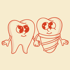 Tooth implant and natural tooth mascot poster - vintage vector art with motivational dental slogan for modern practice advertising