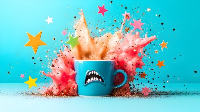 Shark mug, colorful splash, stars, confetti, blue background