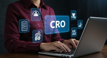 CRO Conversion Rate Optimization Technology Concept. Woman using laptop with icons representing CRO, analytics, A/B testing, funnel optimization, performance metrics for digital marketing improvement,