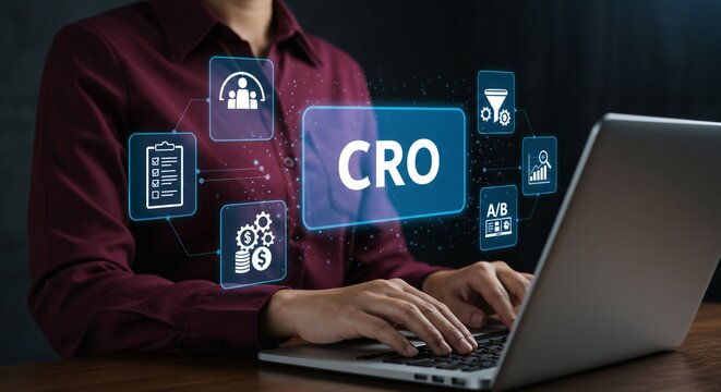 CRO Conversion Rate Optimization Technology Concept. Woman using laptop with icons representing CRO, analytics, A/B testing, funnel optimization, performance metrics for digital marketing improvement, - Powered by Adobe