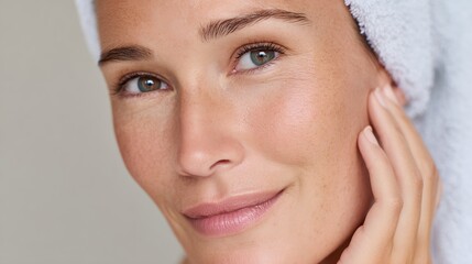 A woman with a towel wrapped around her head and a smile on her face