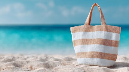 a white and brown striped beach bag on the sand