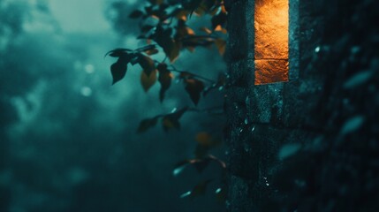 A tree with leaves and a window with a light shining through it