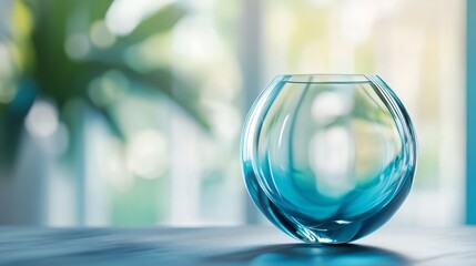 A blue vase on a table in front of a window