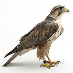 Obraz premium Close-up of a trained falcon with leg bands, showcasing detailed feathers, sharp talons, and intense gaze, isolated on white background.