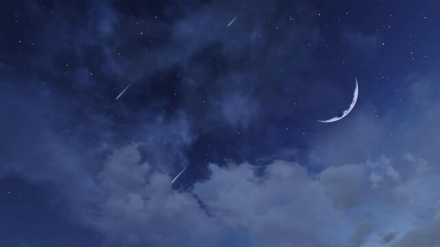 Dreamlike starry night sky with fantastic big half moon and falling stars meteor shower among fluffy cumulus clouds. Romantic nighttime cloudy heaven and new moon natural background, 3D animation. - Powered by Adobe