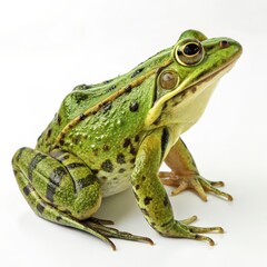 Fototapeta premium Close-up of a vibrant green frog with black spots, shown in side view, ideal for nature, biology, or educational themes.