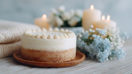 A cake with a white frosting and a blue flower on top of it