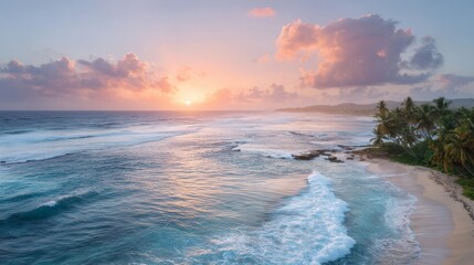 The ocean is calm and the sky is a pink color