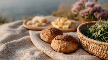 A basket of greens sits next to a plate of bread and butter