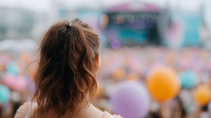A woman with a ponytail stands in front of a crowd of people