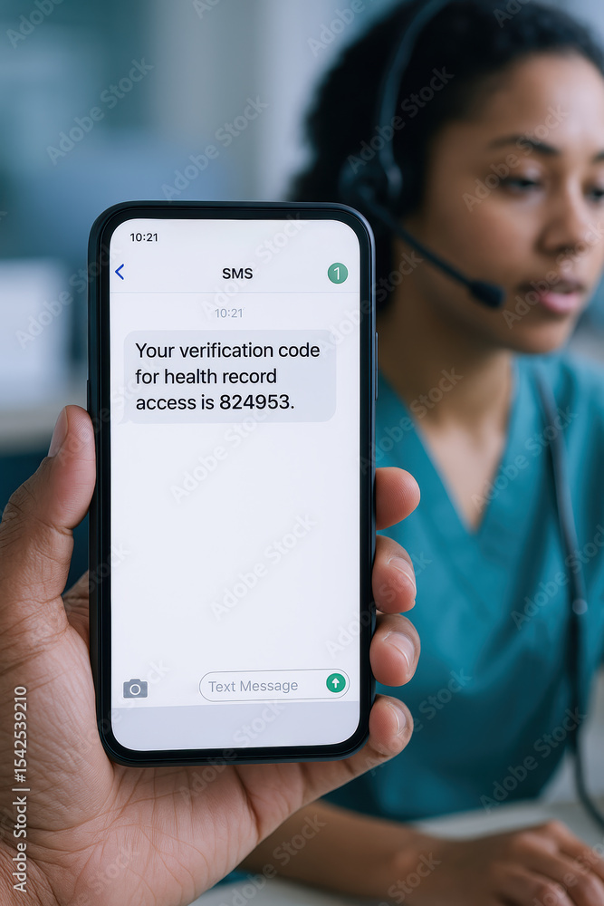 Poster healthcare call center tech sends patient verification code for consultation to ensure secure access