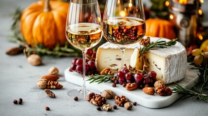 Autumnal cheese and wine tasting. Two glasses of white wine, a wheel of cheese, grapes, nuts, and pumpkins