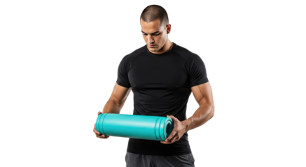 Turquoise Foam Roller Held by Muscular Man.