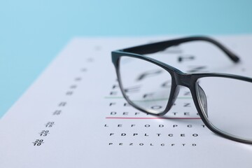 Glasses and vision test chart on light blue background, closeup