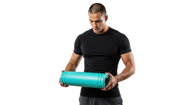 Turquoise Foam Roller Held by Muscular Man.