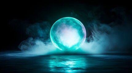 Glowing orb reflecting in smoky dark space, backdrop design