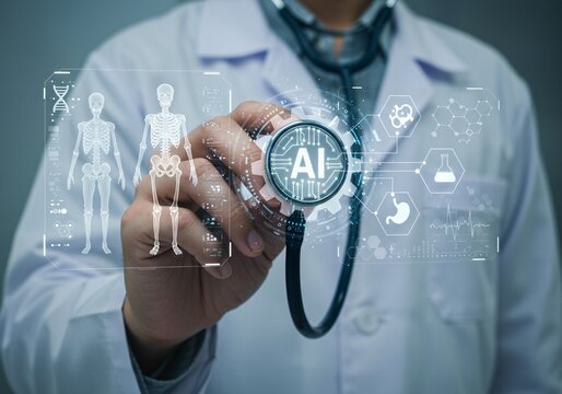 Doctor using AI-powered technology in healthcare, visualizing virtual medical data and diagnostics. Advanced artificial intelligence system supporting modern medical innovation and treatment.