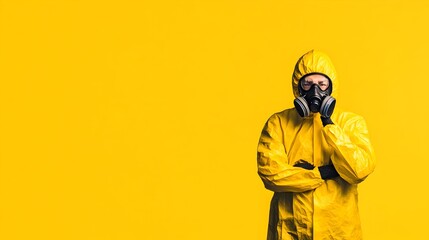 Hazmat worker pensive, yellow background, safety, studio