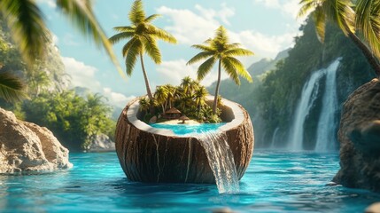 3d rendering Tropical Paradise: Coconut Island Lagoon Waterfall Escape AI Generative