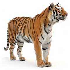 Obraz premium Powerful Bengal tiger with vivid orange coat and black stripes, standing alert and isolated on a clean white background.