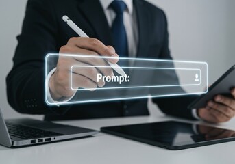 Corporate professional crafting AI prompt on digital device, perfect for innovation, future tech, and artificial intelligence training language model, and smart assistant.